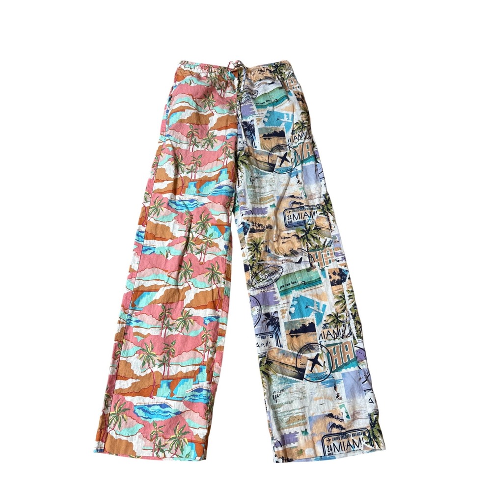 Royalty by Maluma Wide Leg Pants Women Multicolor Tropical Postcard SIZE S‎